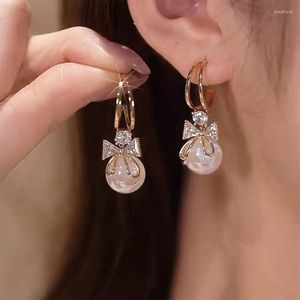 Stud Earrings Fashion Trend Crystal Zircon Bow Pendant Women Party Girl Imitation Pearl Dangle Luxury Jewelry Gift