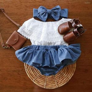 Clothing Sets Children's Christmas Three-piece Suit Born Baby Girl Outfit Lace Ruffled Top Demin Shorts Dress Headband Clothes Beautiful