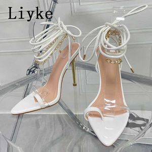 Ny Liyke 2022 Summer Chain Ankle Strap Sandaler Kvinnor Sexig pekad tå snörning Transparent High Heels Party Wedding Dres D672