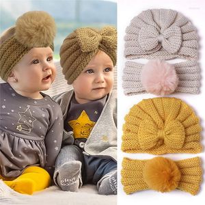 Hats 2pcs Baby Hat Warm Autumn Winter Beanies Solid Bow Wool Knit Bonnet Infant Boys Girls Caps Soft Turban Headwrap With Pom