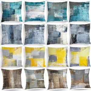 Kudde kast t￤cke heminredning modern abstrakt kontor gul kricka bl￥ brun konst kuddar fodral soffa