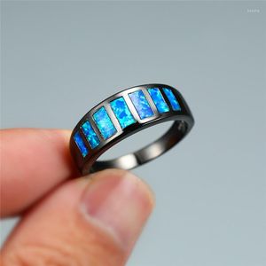 Wedding Rings Luxury Bride Promise Love Round Engagement Ring Cute Female Blue Fire Opal Stone Vintage Black Gold For Women