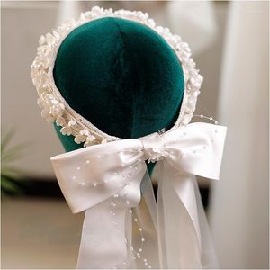 Headpieces Orchid Beaded Flower Satin Garland Veil Hair Hoop Elegant Bow Bride Wedding Headbands Women Accessories