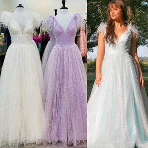 Sequin Feather Prom Dress 2023 A-Line Deep V-Neck Winter Formal Evening Wedding Party Gown Pageant Gala Runway Red Carpet Ice-Blue Lilac White Backless Candy Color Slit