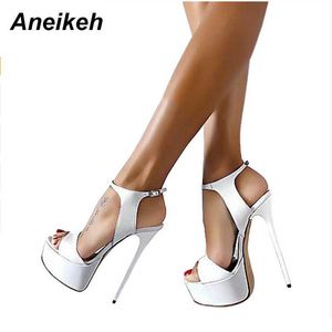 Aneikeh Hot Sales 2023 Summer Style Sexy 16cm Women Women High High Cheels Open Tee Buckles Nightclub Party Shoe أسود كبير الحجم 15 T230208