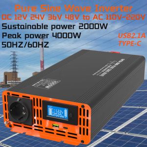 Pure Sine Wave Inverter sp￤nningskonverterare Solar Inverter 2000W Peak Power 4000W DC12V 24V 36V 48V till AC 110V 220V har USB Type-C