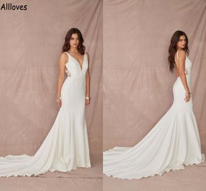 Deep V Neck Elegant Satin Mermaid Wedding Dresses Boho Simple Minimalist Garden Bridal Gowns Lace Court Train Sexig Backless Bride Fashion Robes de Mariee Al7489