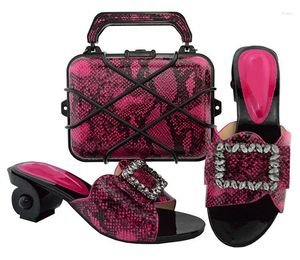 Sandals Beautiful Fuchsia Women Kitten Heel 6.5CM With Rhinestone African Shoes Match Handbag Set For Dress GL02