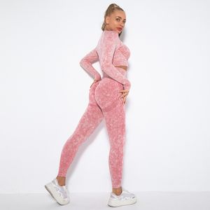 Tuta da yoga da donna Set sexy a vita alta con culo rotondo Leggings senza cuciture a maniche lunghe Palestra Push Up Set da corsa per esercizi Pantaloni da yoga