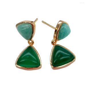 Stud Earrings Natural Triangle Green Agate Amazonite Bezel Set Gold Plated