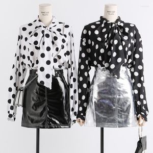 Damenblusen 2022 Frauen Vintage Chiffon Schwarz Weiß Polka Dot Fliege UP Shirt Lady OL Lose Puff Volle Hülse Bluse Top Blusa Arbeitskleidung