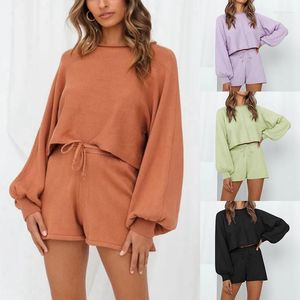 Women's Tracksuits Women's Clothing Amazon 2022 Autumn And Winter Lantern Sleeve Sweater Shorts Solid Color Homewear Suit