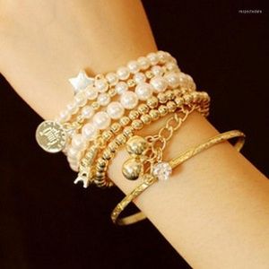 Bangle Multi- Eiffel Tower Pearl Vintage Bracelet With Coin Six-Piece Ornament Multi-Layer Elastic For Fashion Women