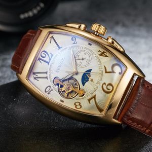 Sewor Skeleton Watch Mechanical автоматический самостоятельный кожаный браслет Moon Phase Men Luxury Man Tonneau Case Watches Sewor01311J