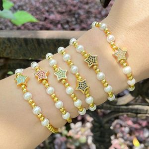 Bangle FLOLA Multicolor CZ Crystal Star Bracelets For Women Copper Gold Plated Beads Elastic White Pearl Jewelry Gifts Brth44
