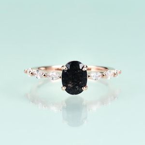Cluster Rings Gem's Beauty Oval 6x8mm Black Quartz Rutilated Ring 925 Sterling Silver Women For Engagement Wedding Anniversary Gift