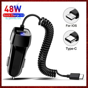48W USB Fast Car Charger Stretch Cable Adapter For IPhone13 12 11 14 Pro Max Samsung Galaxy Note20 Android Type-c car Charge Charging Automotive Electronics Free ship