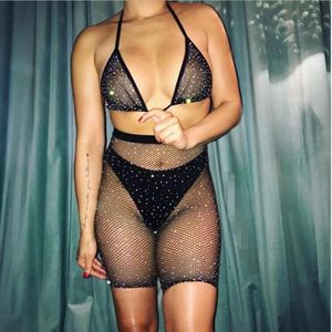 Women's Underwear Sexy Drilling Fishnet Bra Set Temptation Brassiere Fishnets Bra&Leggings Sets Rhinestones Lingerie Outf2381