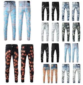 22SS Luxurys Designer Jeans för män Mode Jeans med smala ben Femstjärniga Biker Byxor Distressed Water Diamond Stripes Jeansbyxor Toppkvalitet Storlek 29-40