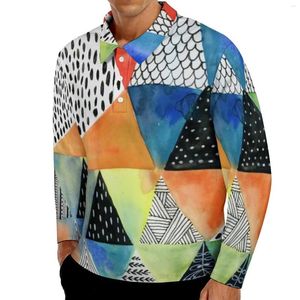 Erkek Polos Doodled Geometri Sıradan T-Shirts Adam Renkli Baskı Uzun Kollu Polo Gömlek Yaka Sokak Giyim Sonbahar Tasarım Gömlek