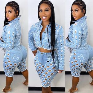 Women's Tracksuits Elegant Jean Ripped Hole Women Two 2 Piece Set Outfit Sweatsuit 2022 Jacket And Knee Length Jeans Matching Tracksuit