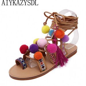 صندل المصارع الصيف بومبون العرقي Aiykazysdl بوهيميا امرأة رومانية الستريست ركبة عالية الأحذية المطرزة أحذية شرابة شقق T221209 792