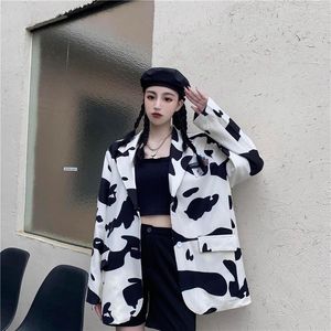 Women's Suits Black White Milk Cow Blazer Women 2022 Designer Female Coat Spring Casual Outerwear Single Breasted Pockets Mujer Vestido