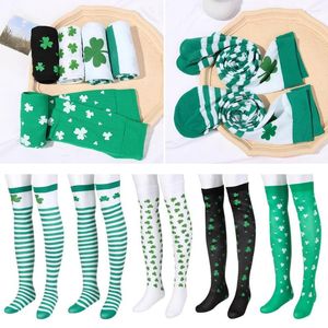 Women Socks Cosply White Green Over Knee Irish Festival St Patricks Day Clover Stockings