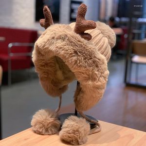 Berets 1x Winter Cute Antlers Fur Ball Ear Protection Plush Hat Christmas Thickening Riding Cap Outdoor Warm Year's Gift