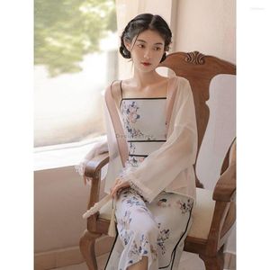 Etniska kl￤der 2022 Kinesisk stilblomma tryckt l￥ng kjol Hanfu Elements National Women Retro Elegant 2 Pieces Set G596