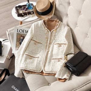2023 Spring Ivory Solid Color Contrast Trim Tweed Jacket Long Sleeve Round Neck Double Pockets Classic Jackets Coat Short Outwear N2N3015