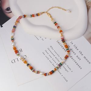 Europe and America Colorful Natural Stone Necklace Handmade Retro Small Number of Natural Freshwater Pearls Advanced Greek Collar Chain Bracelet