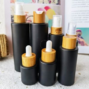 Storage Bottles 3Pcs Matte Black Serum Alcohol Glass Bottle Jar Spray Atomizer Reagent Pipettes Dropper With Bamboo Lids 20ml To 100Ml
