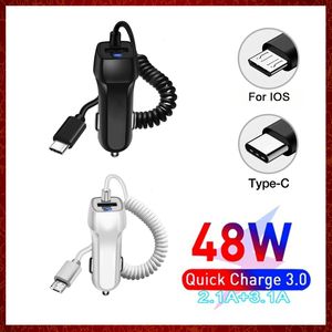 White BLK 48W USB Fast Car Charger Adattatore del cavo per per iPhone13 12 11 14 Pro Max Samsung Galaxy Note20 Android Type-C Charge Charging Automotive Electronics