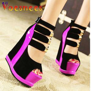 Sandals 2021 Summer New Genuine Women Platform Sandals Wedges High heel 14cm Peep Toe Mixed Colors Sweet Woman Shoes Sexy Ladies Shoes T221209