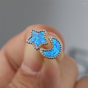 Pendientes de semental Fire Blue Opal Gemstone Star and Moon for Women 925 Joyer￭a de piedra de nacimiento de la plata esterlina 925