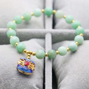 Strand 8mm Green Beads Chalcedony Retro Style Natural Stone Cloisonne Pendant Bracelet DIY Hand Chain For Women Girls Made Jewelry