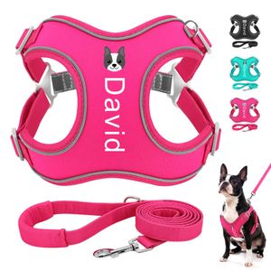 Dog Collars Leashes Personalized Dog Harness Leash Set Reflective Dogs Vest Harness Pet Walking Lead Rope Free Print Pets Name Dog Cat Pattern 2XS-L T221212