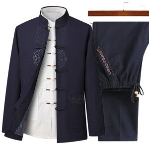 エスニック服中国の伝統的な男性コットンリネンタンスーツトップパンツハンフオリエンタル刺繍セットカジュアルタイチーユニフォーム