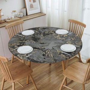 Tischdecke, rund, wasserfest, ölbeständig, schwarz-graue Marmor-Tischdecke mit Rückseite, elastische Kantenabdeckung, abstrakte Marmorstruktur