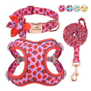 Dog Collars Leashes Custom Printed Dog Harness Leash Collar Set Floral Dogs Buckle ID Collars Reflective Harness For Small Large Dog French Bulldog T221212