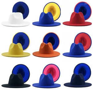 Berets Fashion 2022 Outer Blue Inner Yellow Patchwork Wool Felt Fedora Hat Simple Unisex Cotton Polyester Wide Brim Panama