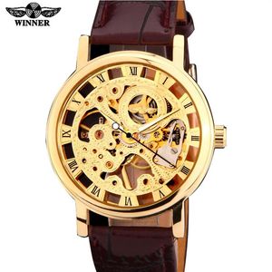 2021 Marca vencedora Silver Gold Tone Skeleton Hand Wind Mechanical Men Men assista marrom preto banda de couro artificial fino case179z