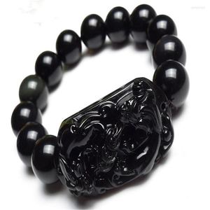 Strand 14mm Natural Stone Black Obsidian Round Loose Beads Jewelry Pi Xiu Brave Troops Powerful Mens Stretch Bracelet