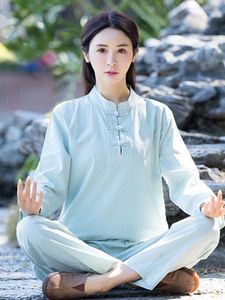 Etnik Giyim Çinli Budist Tai Chi Eğitim Kıyafetleri Kadın Zen Jakarlı Pamuk Ve Keten Meditasyon Performansı Chiners
