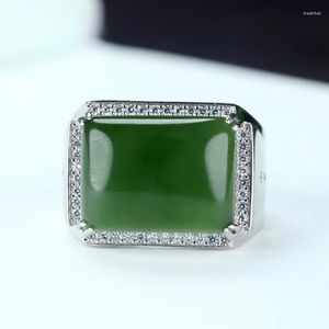 Anelli a grappolo Giada verde naturale Anello in argento sterling 925 da uomo Gioielleria genuina Nefrite cinese Hetian Jades Rettangolo regolabile