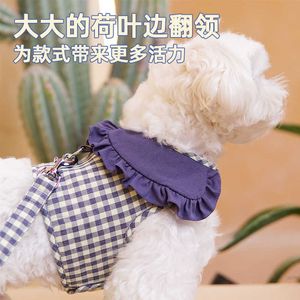 Dog Collars Leashes Ins New Plaid Lapel Lace Chest Vest Type Traction Adjustable Dog Rope Retro Princess Style Fashion Designer Dog Personality T221212