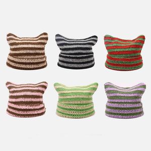 Trend Harajuku Beanie Hat Little Devil Striped Women Knitted Cat Ear Punk Cap Fashion Designer Winter Warmer Bonnet gift 6 Colors