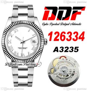 DDF Just 126334 A3235 Orologio automatico da uomo 41 Lunetta scanalata Quadrante bianco Marcatori romani Bracciale in acciaio Oyster 904L Super Edition Stessa serie Card Puretime M13