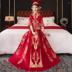 Ethnic Clothing Vintage Phoenix Embroidery Qipao Chinese Women Wedding Dress Red Classic Mandarin Collar Cheongsam